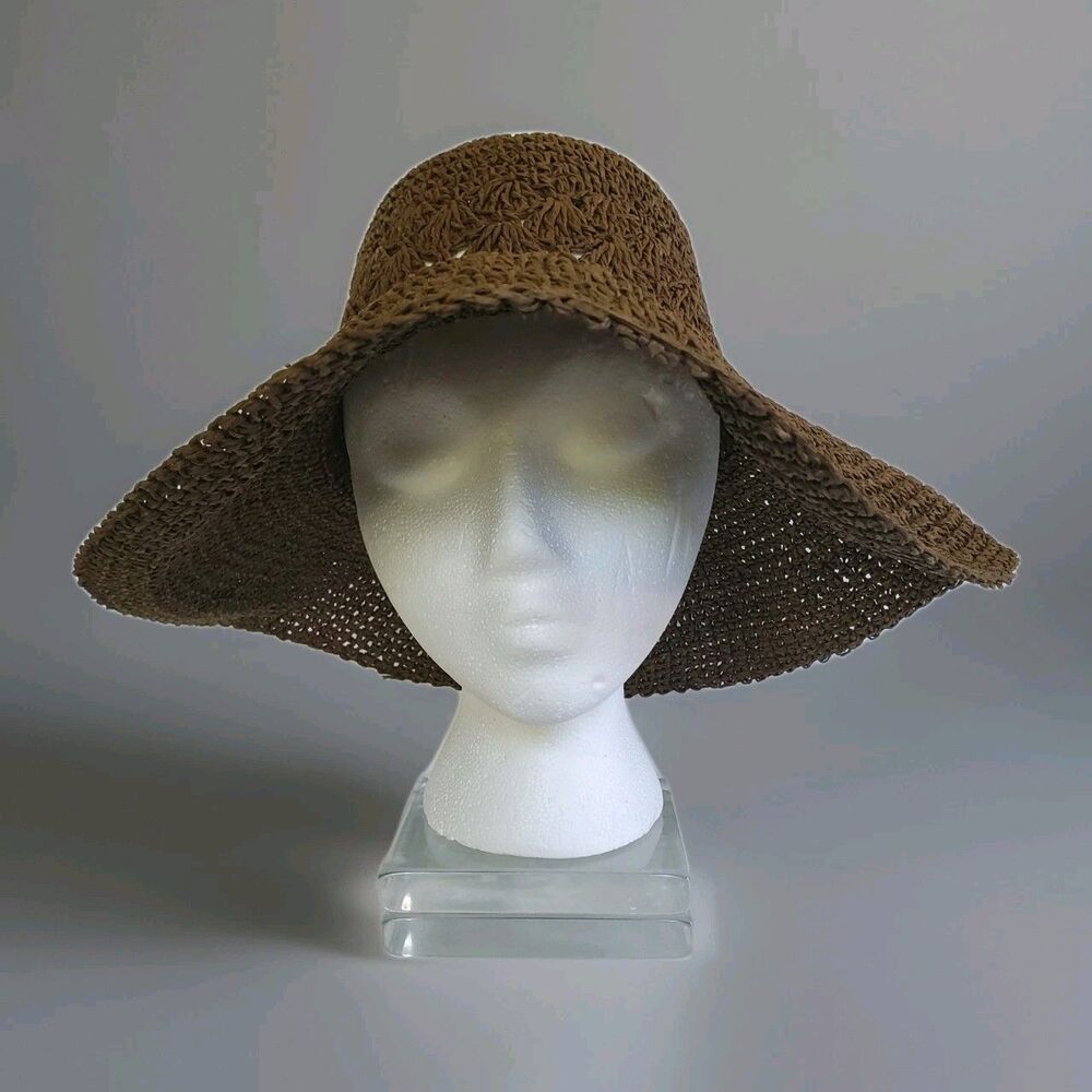 BOHO Crocheted Straw Paper Beach/Garden Sun Hat Brown Floppy Wide Brim Vtg 90s - Picture 3 of 5
